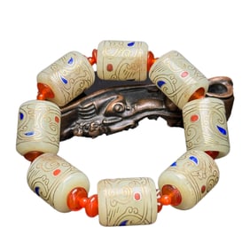 Vintage Chinese Hetian Jade Inlay Silver Wires Beads Bracelet