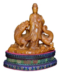 Superb Vintage Chinese Tianhuang Stone Carved Kwan-yin & Dragon Statue