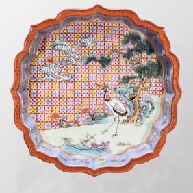 Chinese Qing Dynasty Gilt Edge Famille Rose Pine Tree & Crane Design Porcelain Brush Washer