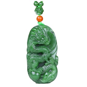 Superb Chinese Green Hetian Jade Carved Fortune Dragon Pendant