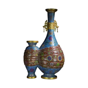 Superb Vintage Chinese Gilt Gold Copper Cloisonne Conjoined Vase