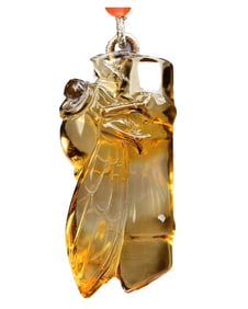 Beautiful Yellow Crystal Carved Fortune Bamboo & Cicada Pendant w Hand Woven Necklace