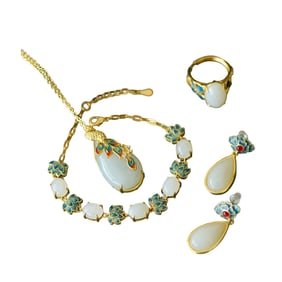 A Set Chinese Silver Plated Gilt Gold Enamel Inlay Hetian Jade Pendant & Earrings & Bracelet & Ring