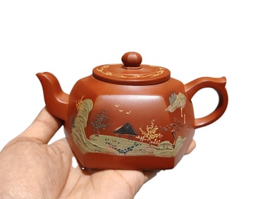 Chinese Yixing Zisha Clay Mountain River Scene Design Teapot w Artist Signed