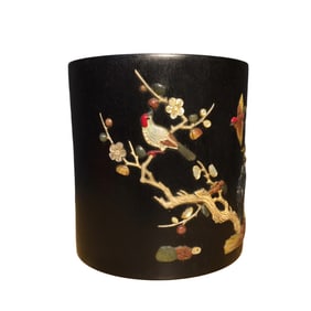 Chinese Zitan Wood Inlay Shell Plum Flower & Magpie Design Brush Pot