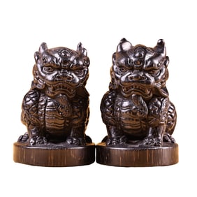 A Pair Vintage Ox Horn Carved Fortune Kylin Statues