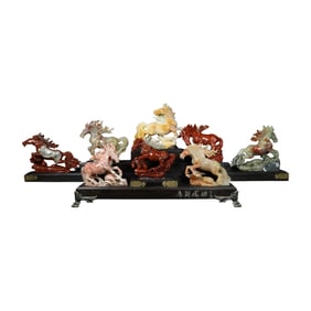 A Set Vintage Chinese Shoushan Stone Carved Eight Horse Statues