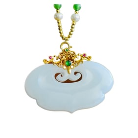 High Quality Chinese 18K Gold Inlay Hetian Jade Carved Ruyi Pendant