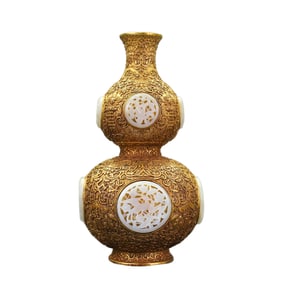 Vintage Chinese Gilt Gold Copper Inlay Hetian Jade Carved Gourd Vase