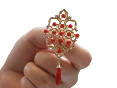 Beautiful 925 Silver Inlay Coral Brooch/Pendant