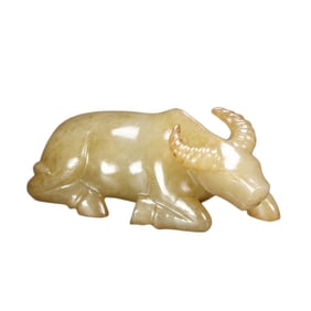 Vintage Chinese Hetian Jade Carved Fortune Ox Statue