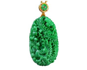 High Quality Green Jadeite Carved Phoenix & Peony Pendant w Hand Woven Chenxiang Wood Beads Necklace