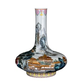 Chinese Qing Dynasty Famille Rose Mountain River Scene Design Porcelain Vase