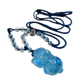 Beautiful Natural Aquamarine Carved Fortune Pixiu Pendant w Hand Woven Beads Necklace