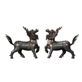 A Pair Vintage Chinese Copper Cloisonne Fortune Kylin Statues