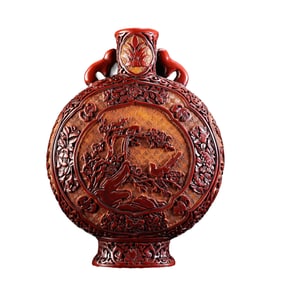 Chinese Red Lacquerware Low Relief Plum Flower & Magpie Design Vase