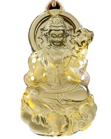 Beautiful Yellow Crystal Carved Kwan-yin Pendant w Hand Woven Beads Necklace