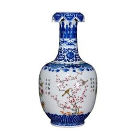 Chinese Qing Dynasty Gilt Edge Blue And White + Famille Rose Flowers Bird Design Porcelain Vase