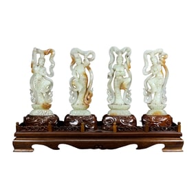 A Set Superb Vintage Chinese Hetian Jade Carved Beautiful Woman Statues