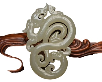 Openwork Chinese Hetian Jade Carved Fortune Dragon Pendant