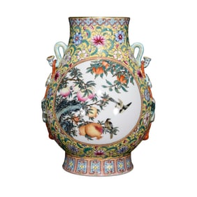 Chinese Qing Dynasty Gilt Edge Famille Rose Peach & Pomegranate & Bird Design Porcelain Vase