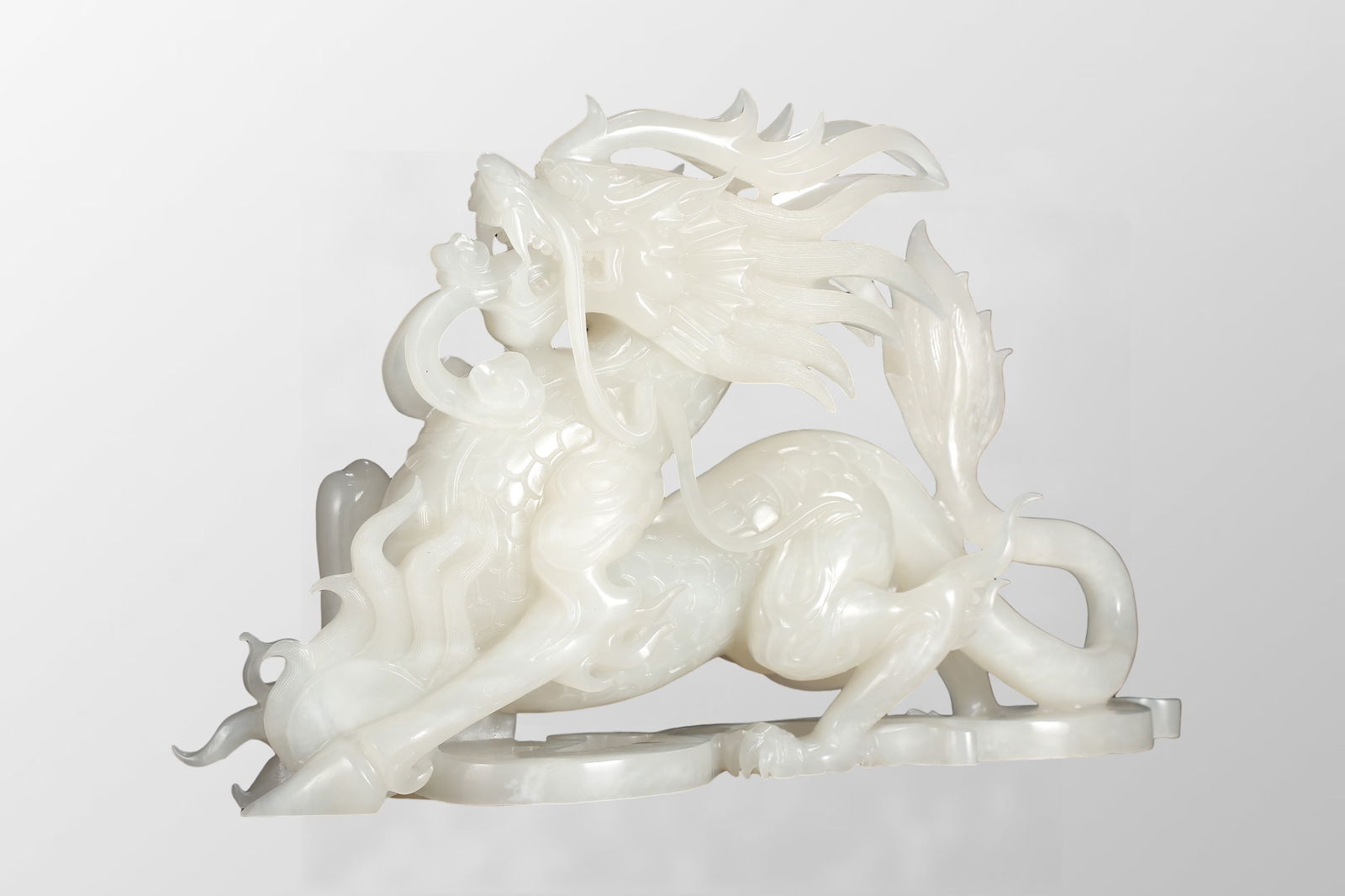 Exquisite Chinese White Hetian Jade Carved Fortune Kylin Statue