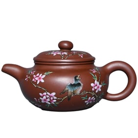 Chinese Famille Rose Yixing Zisha Clay Flowers Bird Design Teapot w Artist Signed