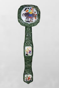 Superb Old Chinese Green Hetian Jade Carved Ruyi Scepter Statue