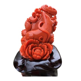 Chinese Nanhong Agate Carved Nine-tailed Fox Statue