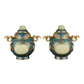 A Pair Superb Old Chinese Copper Cloisonne Inlay Hetian Jade Vases