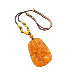 Beautiful Beeswax Carved Fortune Dragon Pendant w Hand Woven Beads Necklace