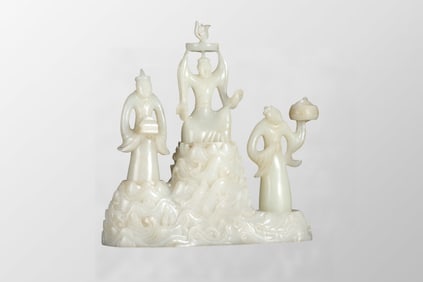 Exquisite Chinese White Hetian Jade Carved Figure Statue w Base