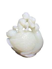 Superb Chinese White Hetian Jade Carved Swan & Kid Statue