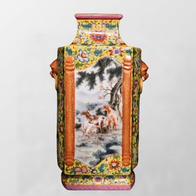 Chinese Qing Dynasty Gilt Edge Famille Rose Three Sheep Design Porcelain Vase