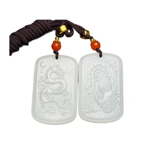 A Pair Chinese Hetian Jade Low Relief Dragon Phoenix Pendant