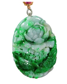 High Quality Green Jadeite Carved Flower Bird Pendant w Hand Woven Jadeite Beads Necklace