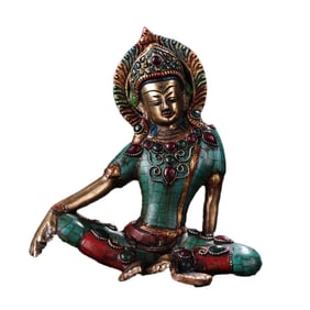 Tibetan Buddhism Gilt Gold Copper Inlay Turquoise & Gems Tara Statue