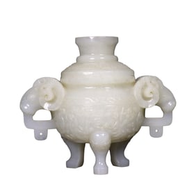 Superb Chinese Hetian Jade Carved Double Ear Sheep Incense Burner