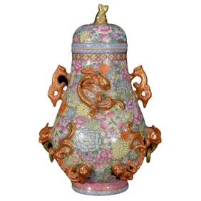 Chinese Qing Dynasty Gilt Edge Famille Rose High Relief Dragon Porcelain Pot