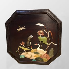 Chinese Zitan Wood Inlay Shoushan Stone Mandarin Ducks & Lotus Leaf & Lotus Flower Jewellery Box
