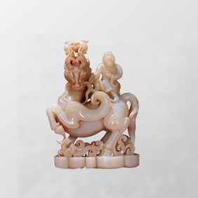 Superb Chinese Hetian Jade Carved Fortune Deer & Figure Statue