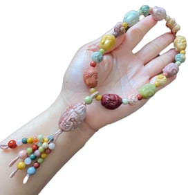 Chinese Alxa Agate Carved Buddha Head Beads Bracelet