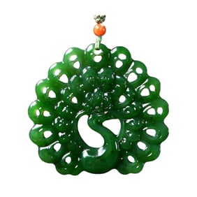 Chinese Green Hetian Jade Carved Peacock Pendant