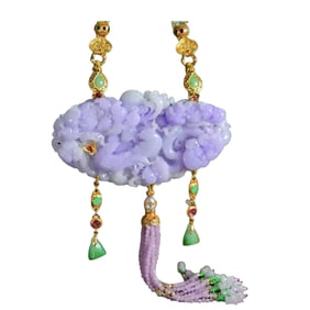Exquisite Purple Jadeite Carved Flowers Bird Pendant w Hand Woven Jadeite Beads Necklace
