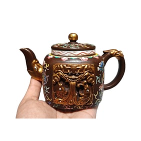 Chinese Famille Rose Yixing Zisha Clay Fortune Dragon Teapot w Artist Signed