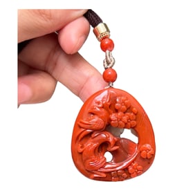 Chinese Nanhong Agate Carved Plum Flower & Magpie Pendant