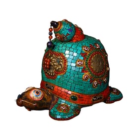 Vintage Meteorite Inlay DZI Agate & Turquoise & Shell Long Life Turtle Statue