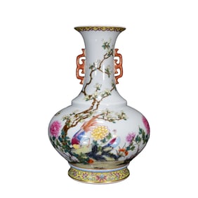 Chinese Qing Dynasty Gilt Edge Famille Rose Flowers & Bird Design Porcelain Vase