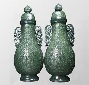 A Pair Superb Vintage Chinese Green Hetian Jade Double Ear Vase
