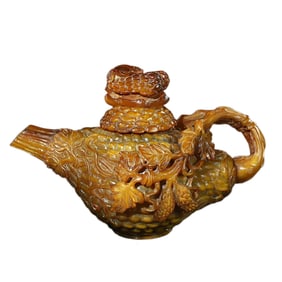 Vintage Ox Horn Carved Melon Teapot